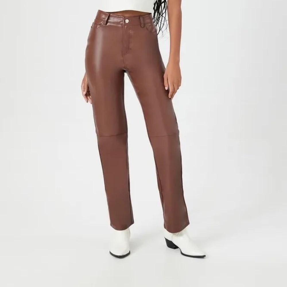 Brown faux leathered straight leg pants Forever21